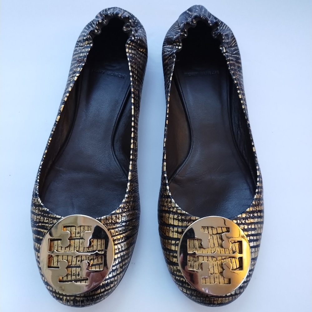 Tory Burch Gold/Bronze Reva Metallic Lizard Reva Ballet Flat Metal Logo Size 8.5 - Picture 2 of 15